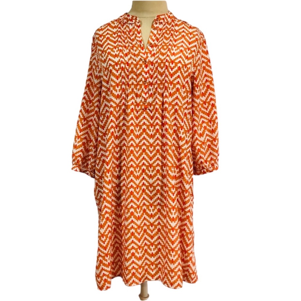 Gap White and Orange Button Front Western Dress with Quarter Sleeve’s Petite S